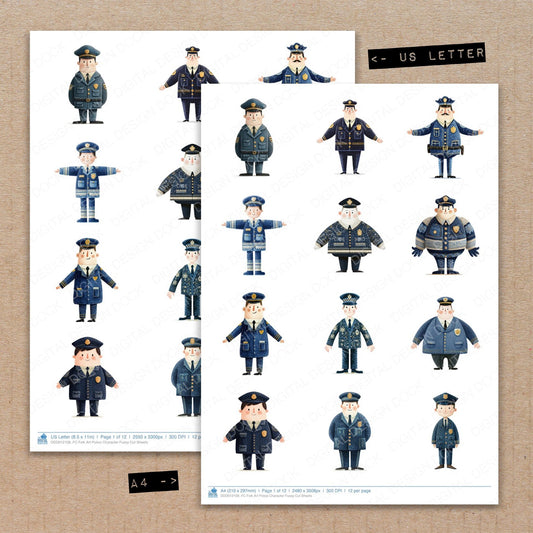 A4 and US Letter format comparison showing Folk Art Police Character fussy cut pages for print and cut crafting