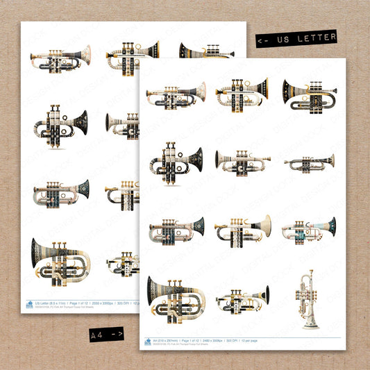 A4 and US Letter format comparison showing Folk Art Trumpet fussy cut pages for print and cut crafting