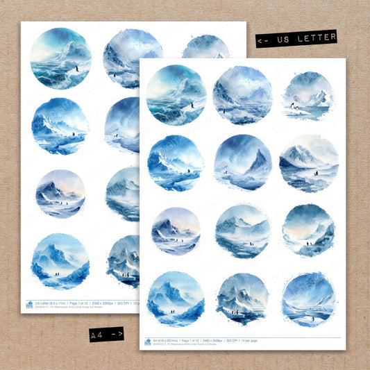 A4 and US Letter format comparison showing Watercolour Arctic Circle fussy cut pages for print and cut crafting