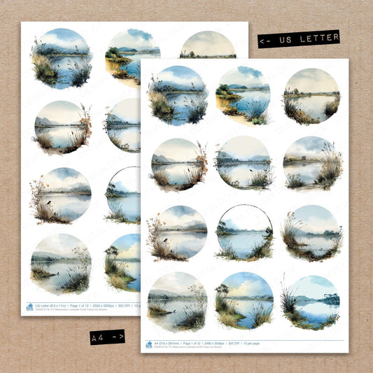 A4 and US Letter format comparison showing Watercolour Lakeside Circle fussy cut pages for print and cut crafting
