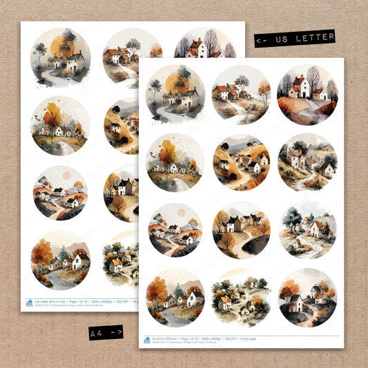A4 and US Letter format comparison showing Watercolour Village Circle fussy cut pages for print and cut crafting