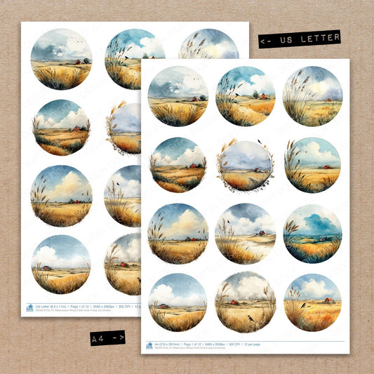 A4 and US Letter format comparison showing Watercolour Wheat Field Circle fussy cut pages for print and cut crafting