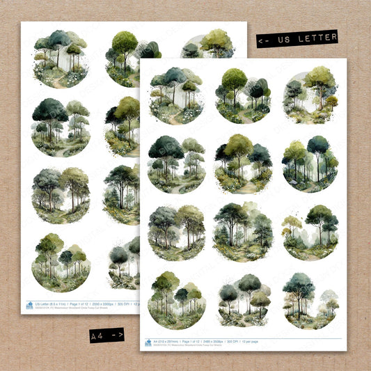 A4 and US Letter format comparison showing Watercolour Woodland Circle fussy cut pages for print and cut crafting