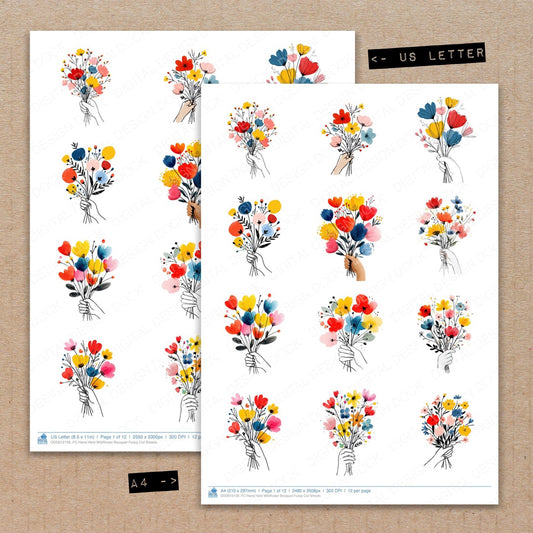 A4 and US Letter format comparison showing Hand Held Wildflower Bouquet fussy cut pages for print and cut crafting