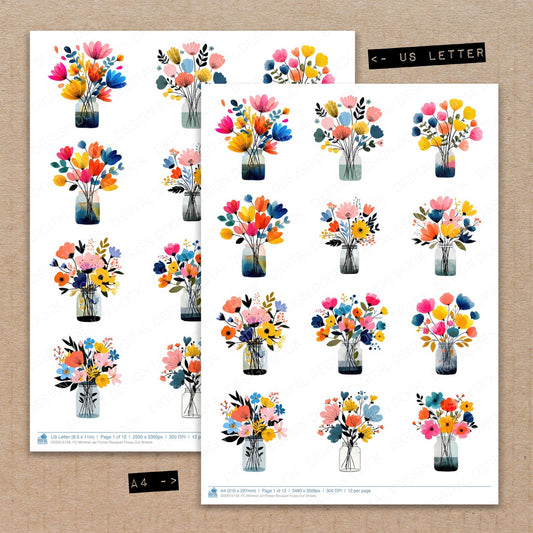 A4 and US Letter format comparison showing Minimal Jar Flower Bouquet fussy cut pages for print and cut crafting