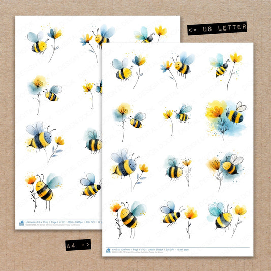 A4 and US Letter format comparison showing Simple Minimal Bee Illustration fussy cut pages for print and cut crafting