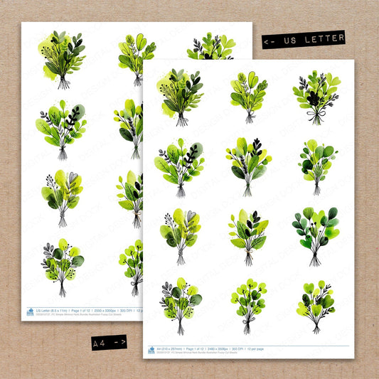 A4 and US Letter format comparison showing Simple Minimal Herb Illustration fussy cut pages for print and cut crafting