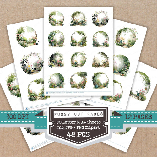 Watercolour Garden Circle fussy cut printable sheets for junk journaling, scrapbooking, and paper craft projects