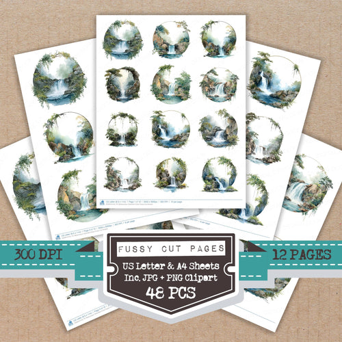 Watercolour Waterfall Circle fussy cut printable sheets for junk journaling, scrapbooking, and paper craft projects