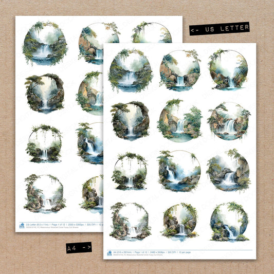 A4 and US Letter format comparison showing Watercolour Waterfall Circle fussy cut pages for print and cut crafting
