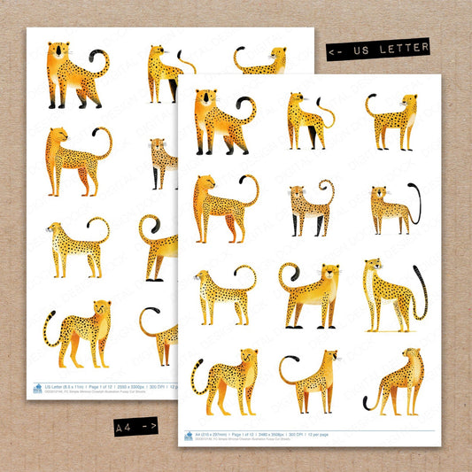 A4 and US Letter format comparison showing Simple Minimal Cheetah Illustration fussy cut pages for print and cut crafting