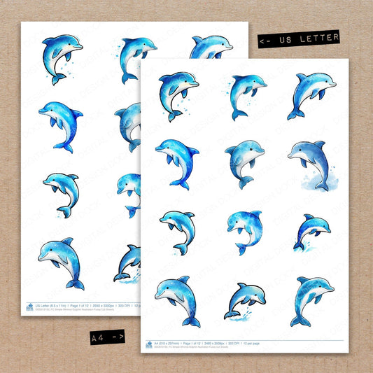 A4 and US Letter format comparison showing Simple Minimal Dolphin Illustration fussy cut pages for print and cut crafting