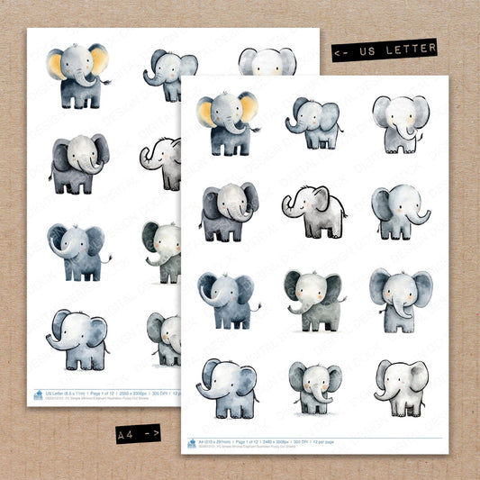 A4 and US Letter format comparison showing Simple Minimal Elephant Illustration fussy cut pages for print and cut crafting
