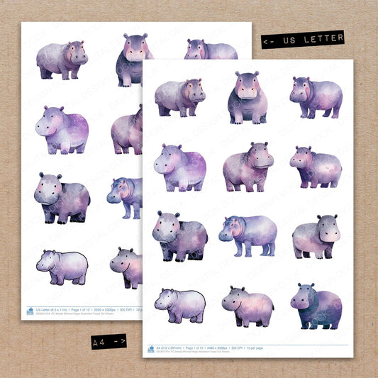 A4 and US Letter format comparison showing Simple Minimal Hippo Illustration fussy cut pages for print and cut crafting