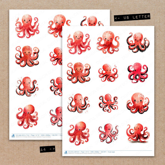 A4 and US Letter format comparison showing Simple Minimal Octopus Illustration fussy cut pages for print and cut crafting