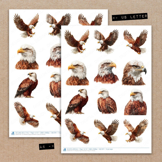 A4 and US Letter format comparison showing Realistic Eagle Illustration fussy cut pages for print and cut crafting