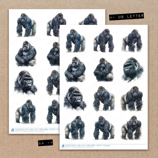 A4 and US Letter format comparison showing Realistic Gorilla Illustration fussy cut pages for print and cut crafting