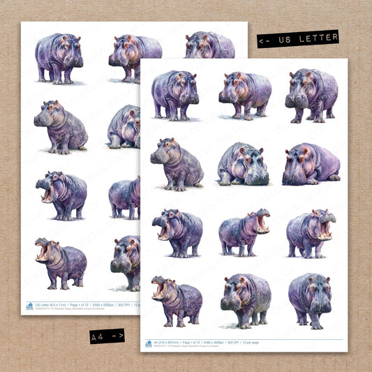 A4 and US Letter format comparison showing Realistic Hippo Illustration fussy cut pages for print and cut crafting