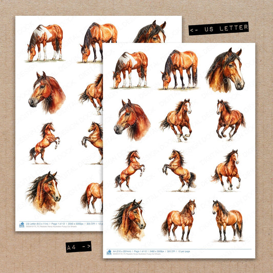 A4 and US Letter format comparison showing Realistic Horse Illustration fussy cut pages for print and cut crafting