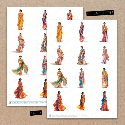 A4 and US Letter format comparison showing Realistic Indian Woman Illustration fussy cut pages for print and cut crafting