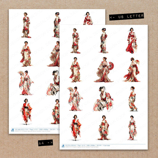 A4 and US Letter format comparison showing Realistic Japanese Woman Illustration fussy cut pages for print and cut crafting