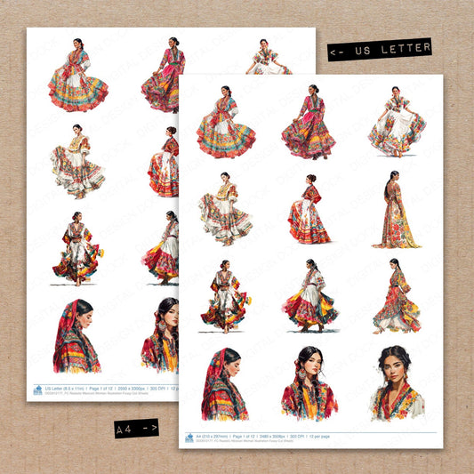 A4 and US Letter format comparison showing Realistic Mexican Woman Illustration fussy cut pages for print and cut crafting