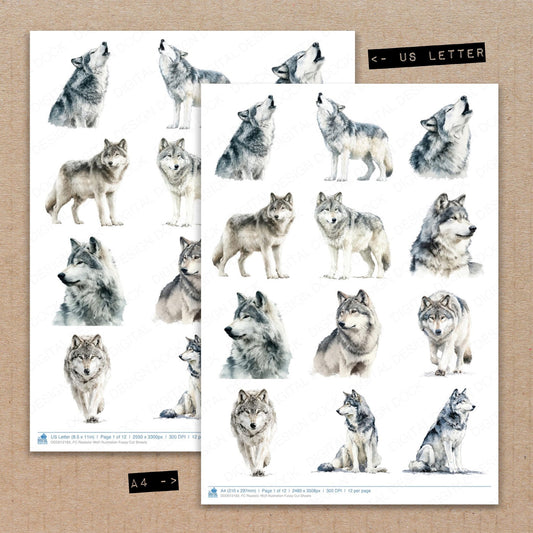A4 and US Letter format comparison showing Realistic Wolf Illustration fussy cut pages for print and cut crafting