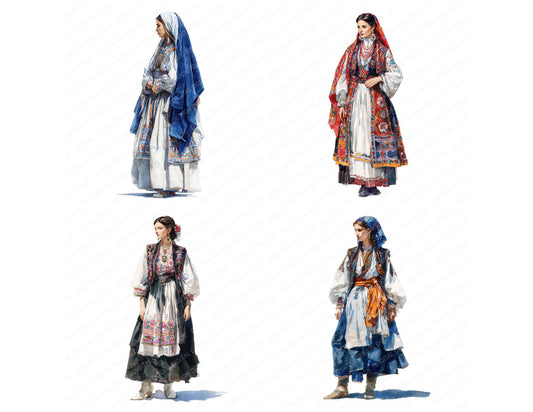 Preview layout showing Greek Woman in Traditional Dress clipart elements for scrapbooking, junk journals, and card making