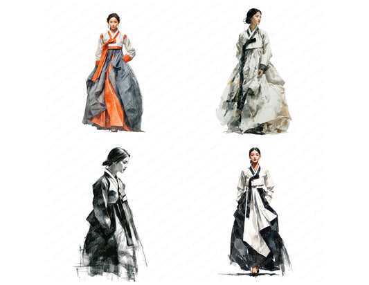Preview layout showing Korean Woman in Hanbok clipart elements for scrapbooking, junk journals, and card making