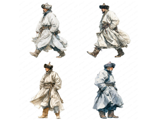 Preview layout showing Mongolian Horseman Illustration clipart elements for scrapbooking, junk journals, and card making