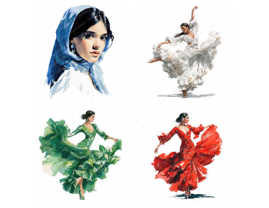 Preview layout showing Realistic Spanish Woman Flamenco Dress clipart elements for scrapbooking, junk journals, and card making