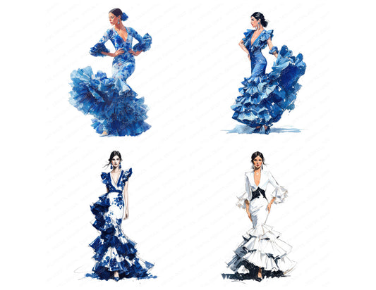 Preview layout showing Spanish Woman in Flamenco Dress clipart elements for scrapbooking, junk journals, and card making