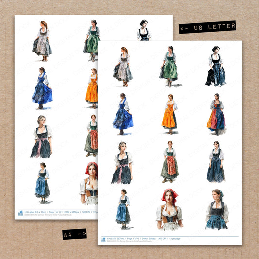 A4 and US Letter format comparison showing German Woman in Dirndl fussy cut pages for print and cut crafting