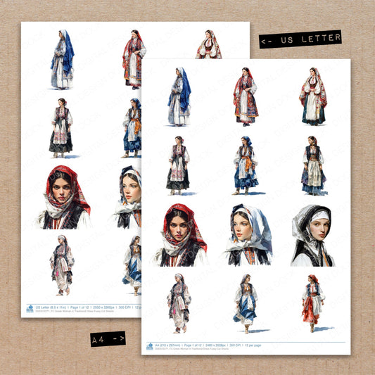 A4 and US Letter format comparison showing Greek Woman in Traditional Dress fussy cut pages for print and cut crafting