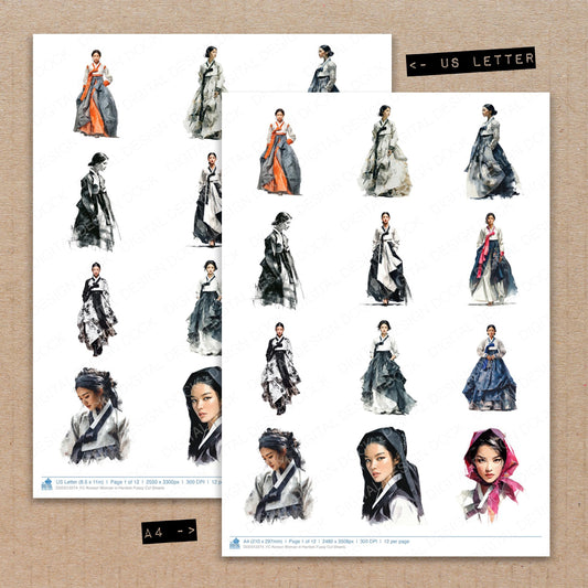 A4 and US Letter format comparison showing Korean Woman in Hanbok fussy cut pages for print and cut crafting