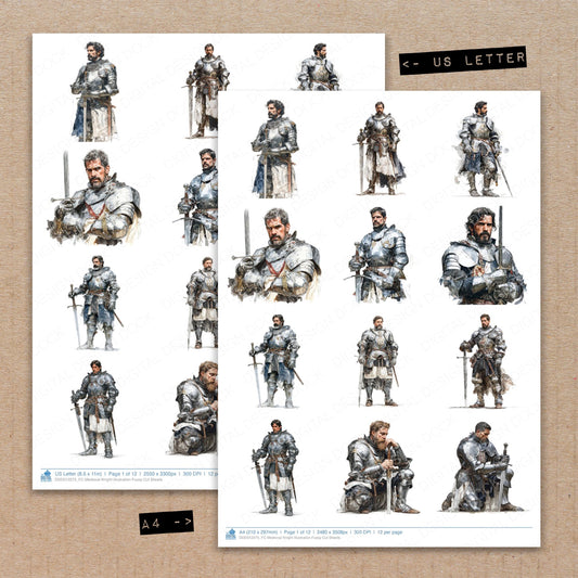 A4 and US Letter format comparison showing Medieval Knight Illustration fussy cut pages for print and cut crafting