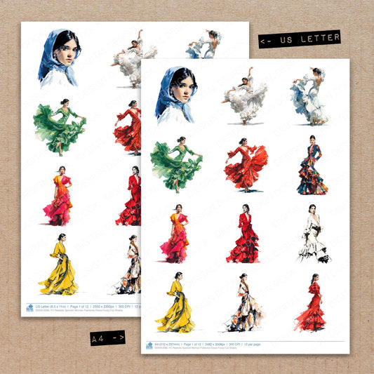 A4 and US Letter format comparison showing Realistic Spanish Woman Flamenco Dress fussy cut pages for print and cut crafting