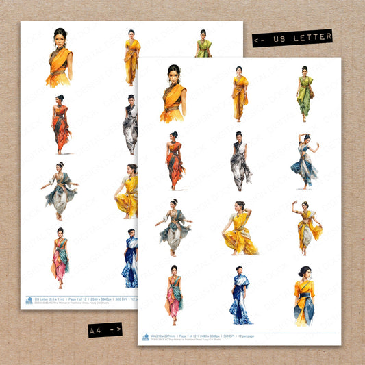 A4 and US Letter format comparison showing Thai Woman in Traditional Dress fussy cut pages for print and cut crafting