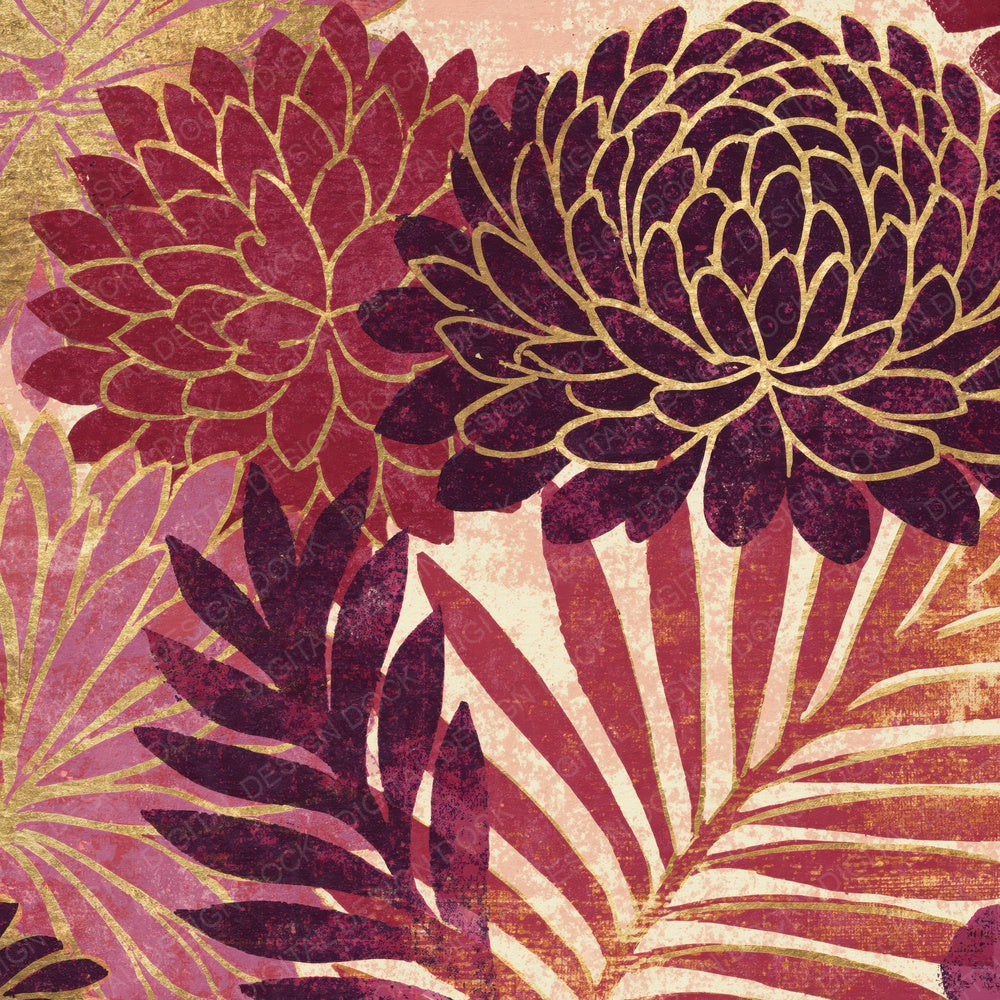 Woodblock Chrysanthemum Oxblood Brass Digital Paper Pack (DDD012508)