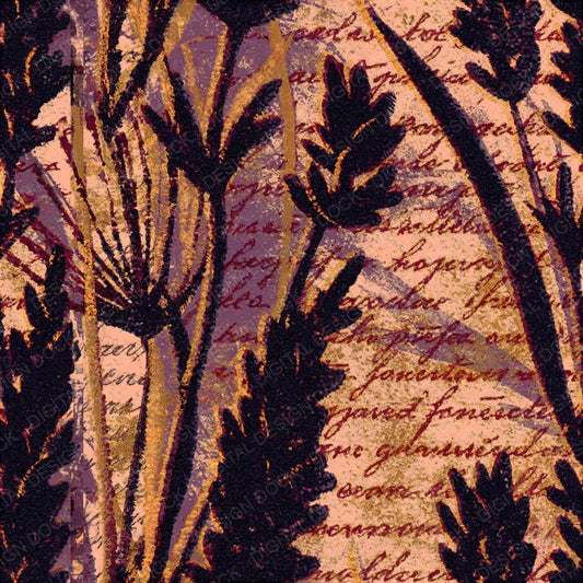 Woodblock Lavender Script Aubergine Gold Seamless Digital Paper Pack (DDD012514)