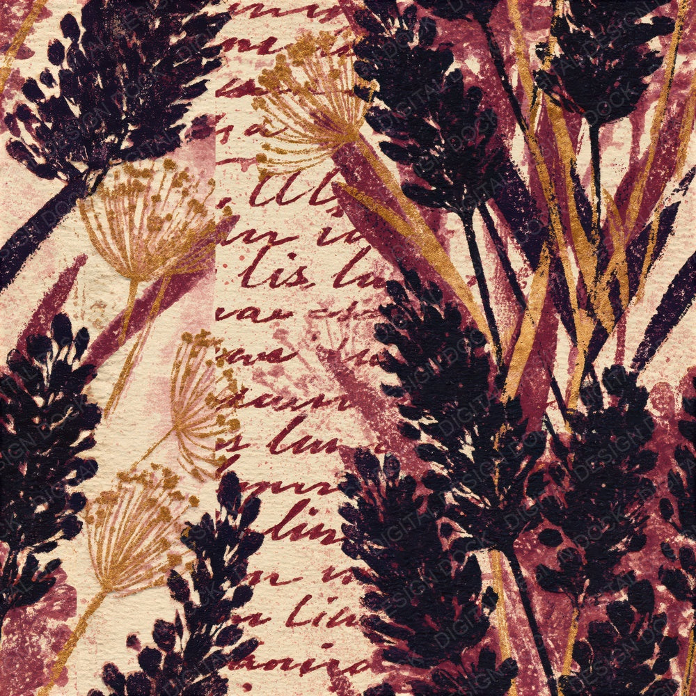 Woodblock Lavender Script Aubergine Gold Seamless Digital Paper Pack (DDD012514)
