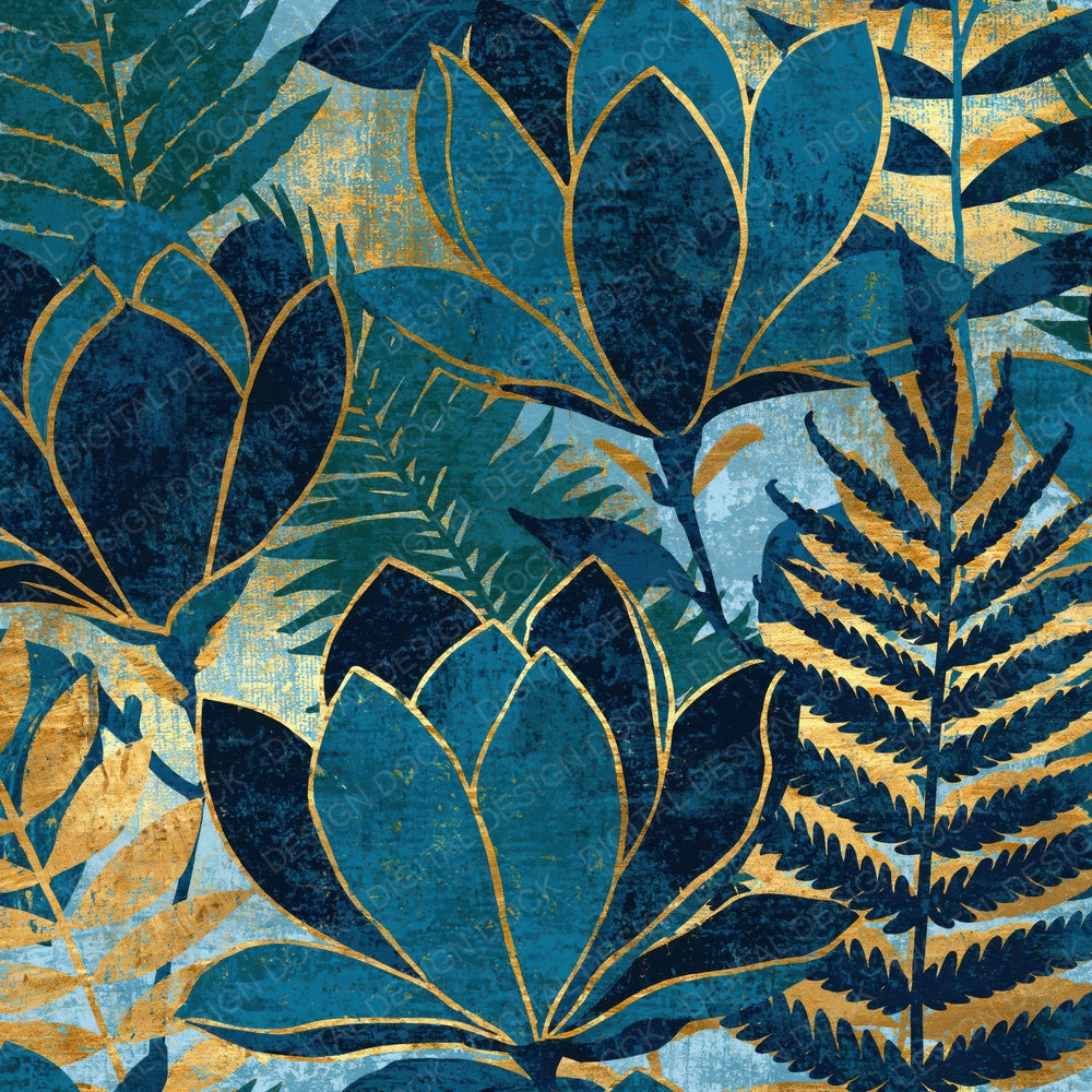 Woodblock Magnolia Fern Teal Gold Digital Paper Pack (DDD012515)