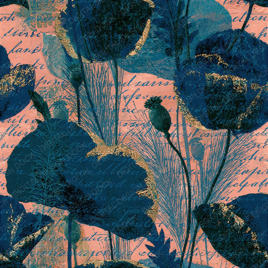 Woodblock Poppy Grasses Script Teal Gold Seamless Digital Paper Pack (DDD012520)