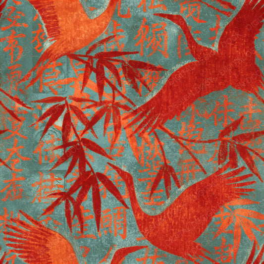 Woodblock Crane Bamboo Coral Mint Seamless Digital Paper Pack (DDD012526)