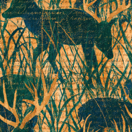 Woodblock Deer Meadow Emerald Apricot Seamless Digital Paper Pack (DDD012527)