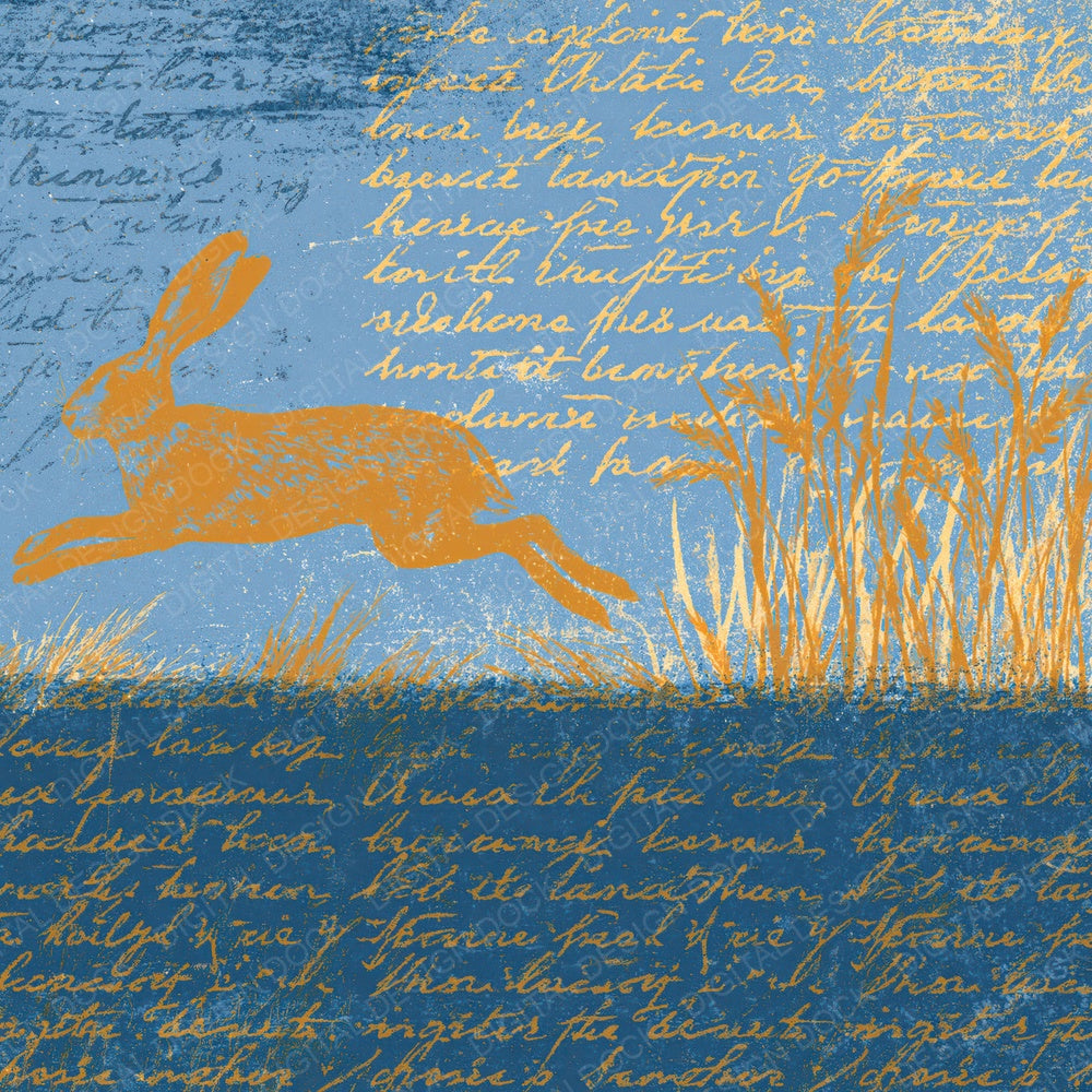 Woodblock Hare Grasses Saffron Periwinkle Digital Paper Pack (DDD012530)