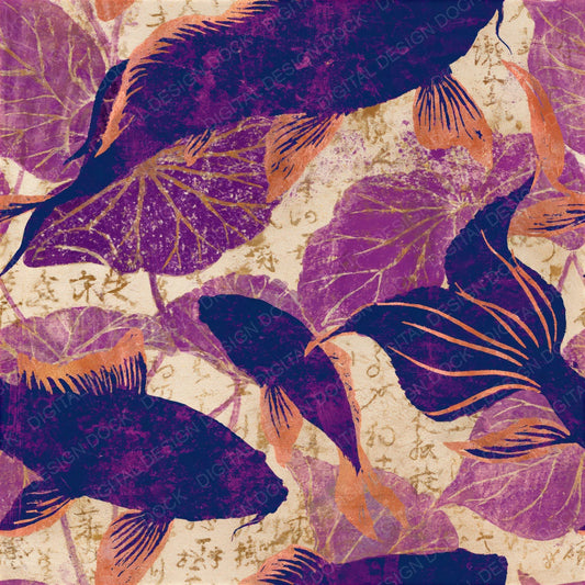 Woodblock Koi Lotus Plum Cream Seamless Digital Paper Pack (DDD012532)