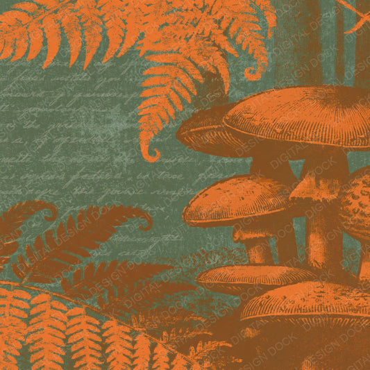 Woodblock Mushroom Fern Persimmon Moss Digital Paper Pack (DDD012535)