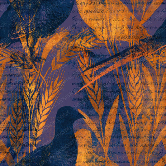 Woodblock Pheasant Wheat Saffron Violet Seamless Digital Paper Pack (DDD012540)