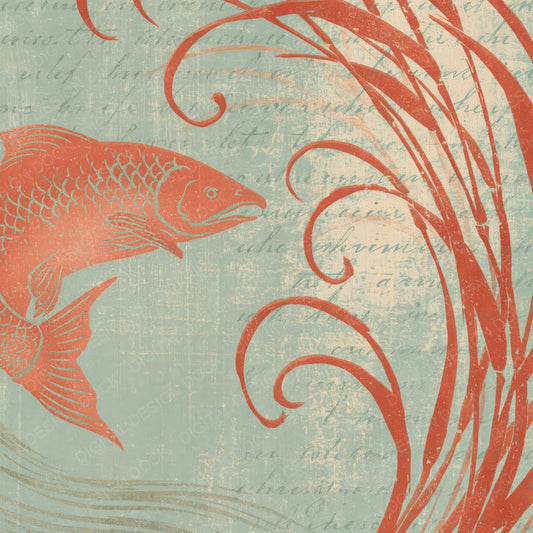 Woodblock Salmon Reeds Coral Celadon Digital Paper Pack (DDD012541)